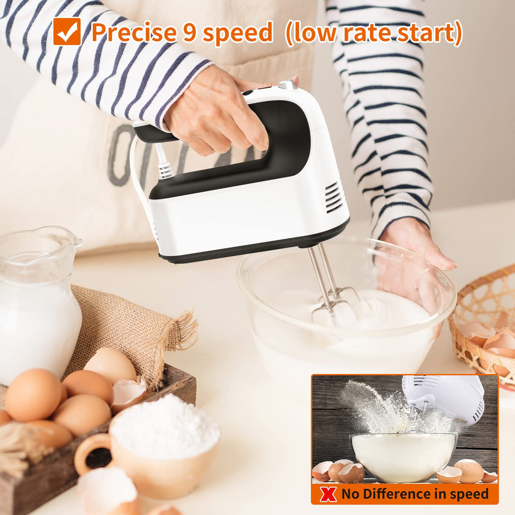 Yomelo 9-Speed Digital Hand Mixer Electric, 400W Powerful DC Motor, Hand Mixer Electric Handheld with Snap-On Storage Case, 5 Stainless Steel Accessories, Beaters, Dough Hooks, Whisk(White/Black)