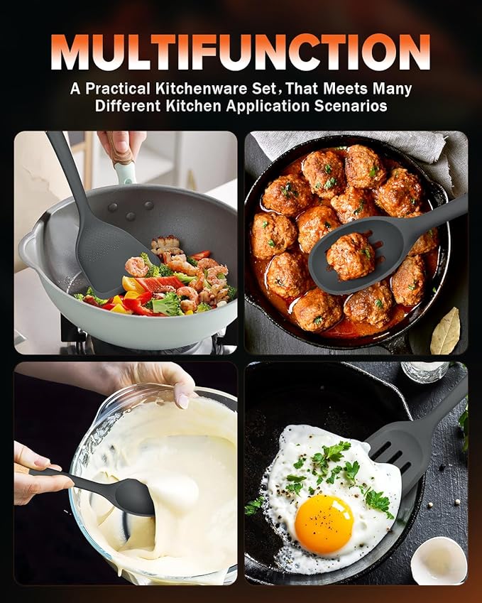 Badiano Silicone Cooking Utensils Set, Safe for Nonstick Cookwares, Grey