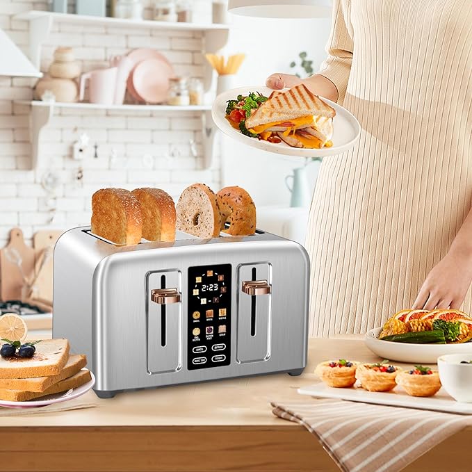 SEEDEEM Touchscreen Toaster 4 Slice, 7 Shade, Stainless, 1800W Silver Metallic