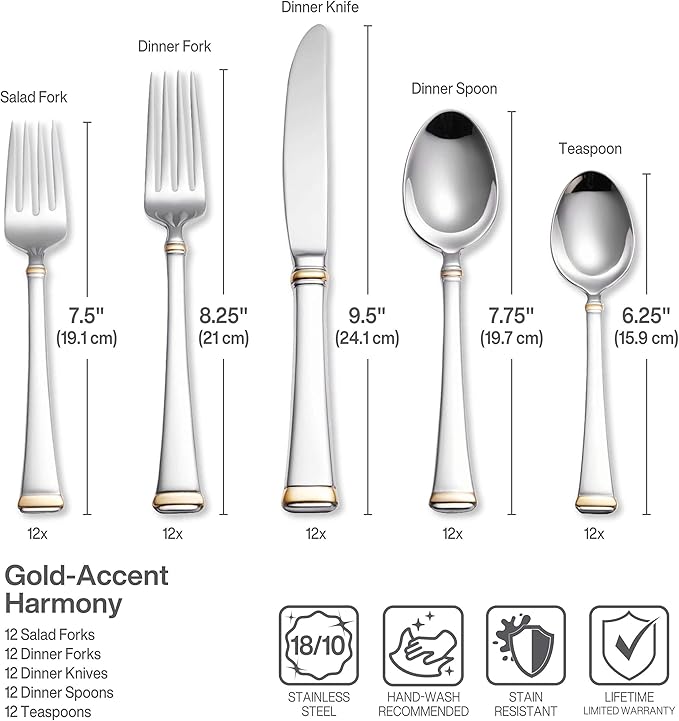 Mikasa Harmony 65-Piece Flatware Set for 12, 18/10 Stainless Steel Silverware with Gold Accent Handles, Service for 12 with Serving Utensils, Dishwasher Safe