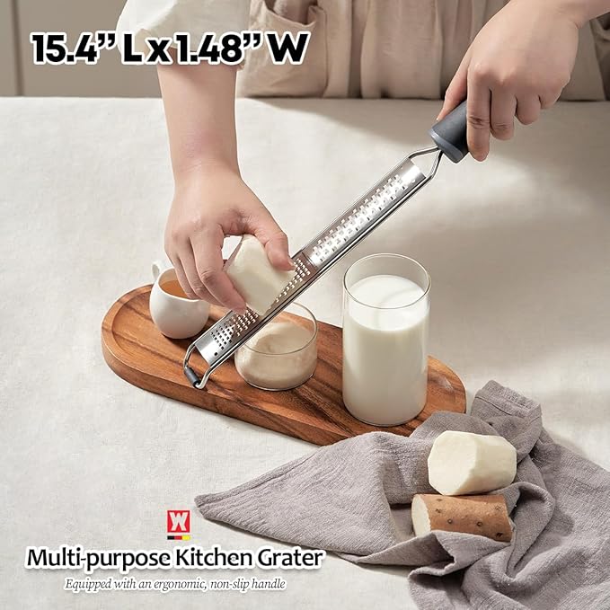 WAGENSTEIGER 2-in-1 Stainless SteelLong Cheese Grater Dual-Sided Fine & Coarse Blades Precision Zester for Lemon, Ginger, Cheese, Vegetables, Rust-Resistant, Ergonomic Handle (15.35" x 1.77")
