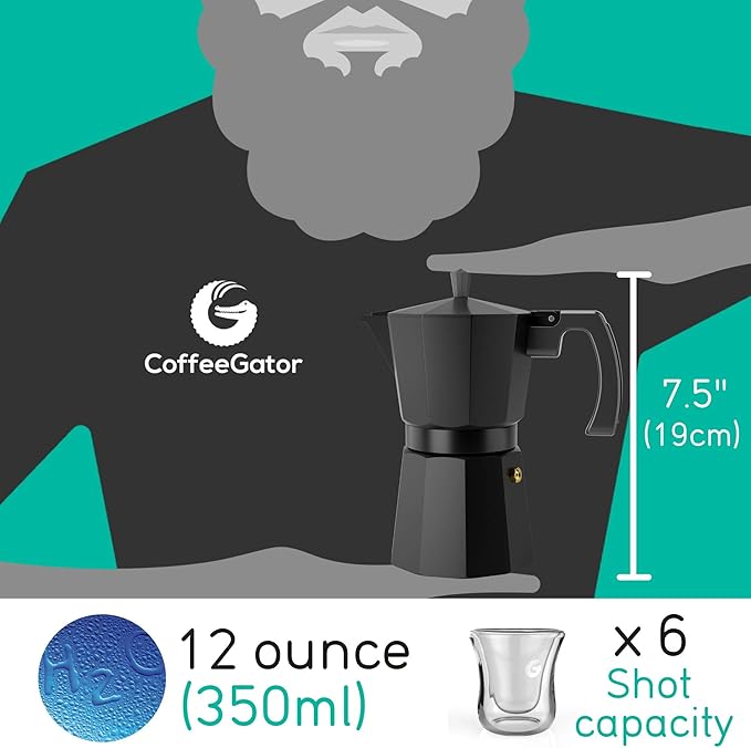Coffee Gator Moka Pot Aluminum - 6 Cup, 12oz Stovetop Espresso Maker