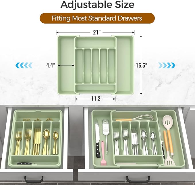 ukeetap Extra Large Expandable Silverware Organizer, Flatware Tray, Green