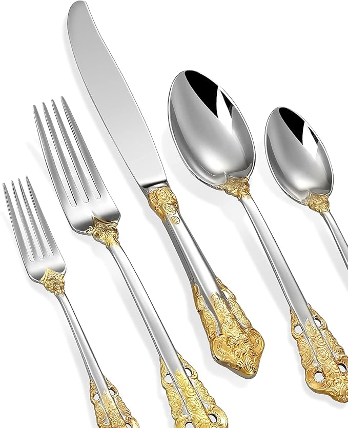 KEAWELL Luxury 20-Piece 18/10 Stainless Steel Flatware Set (Gold Accent)