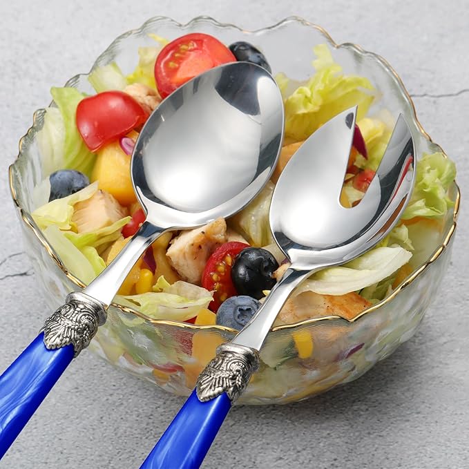 CATHYLIN 2-piece Salad Servers Stainless Steel Salad Serving Set Salad Fork and Spoon (Deep Blue)