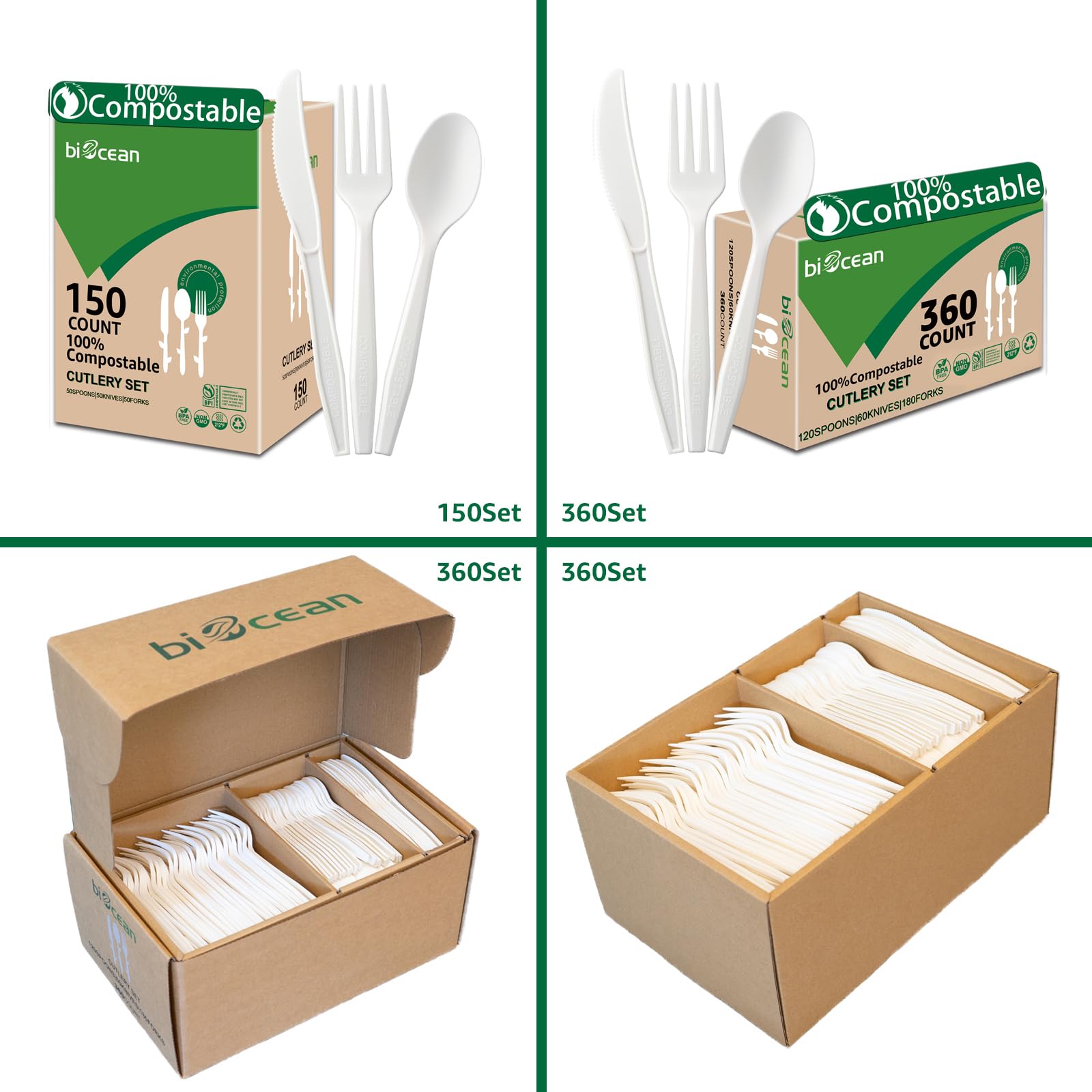 BIOCEAN 100%Compostable No Plastic Knives Disposable Forks Spoons Plastic Utensils, The Heavyweight Heavy Duty Flatware is Eco Friendly Products for Lounge Party Wedding BBQ Picnic Camping [150 Count]