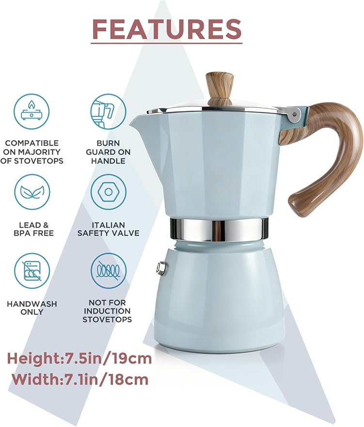 AGOGO Moka Pot Stovetop Espresso Set & Cuban Coffee Maker 6-Cup/300ml Blue