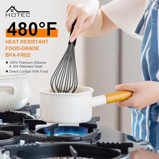 HOTEC 4 Pieces Silicone Whisks Set, Wire Balloon Whisks for cooking Egg Beater, Non-slip Handle Whisk for Non-stick Cookware Perfect for Cooking, Stirring, Beating and Blending,Black