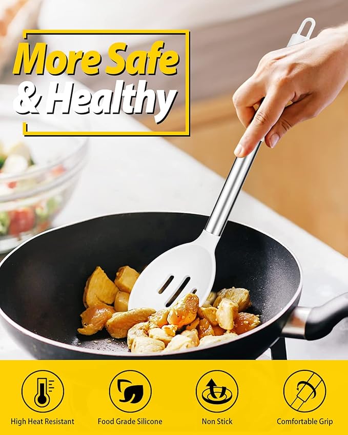 BUNDLEPRO Silicone Cooking Spoons for Non Stick Cookware, 2 Pack, White