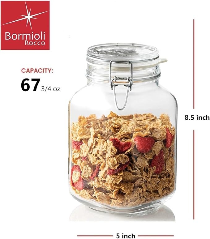 Bormioli Rocco Fido Squared Wide Mouth Glass Jar with Airtight Gasket Clamp Lid for Canning and Food Storage, Clear Top, 67.75 oz.