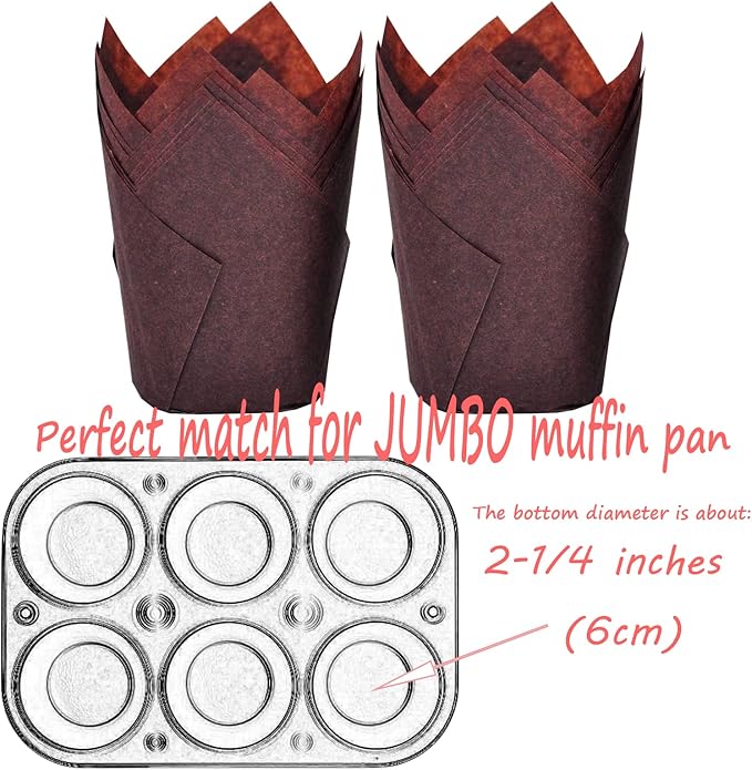 MyBakning Large size Brown Tulip Baking Cups 2-1/4"(Base diameter) x 4"(Wall height) Greaseproof paper baking cupcake Muffin liners, Case of 130 pcs