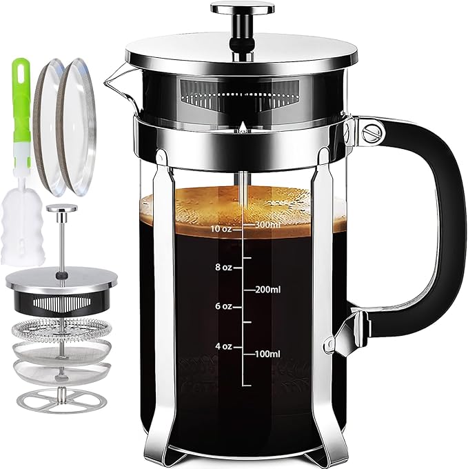YMMIND French Press Coffee Maker 304 Stainless Steel Coffee Press,with 4 Filters System, Heat Resistant Thickness Borosilicate French Press Glass, BPA-Free Brewed Tea Pot Coffee Plunger(Copper 12oz)