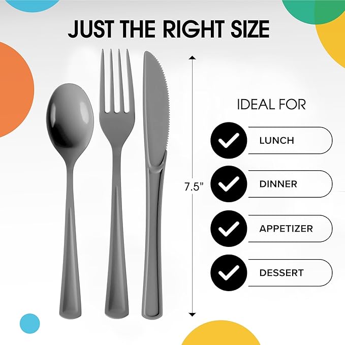 Party Solids Silver Plastic Silverware Heavy Duty 150 Pieces Silver Disposable Silverware Heavy Duty, Utensil Sets, 50 Of Each Forks, Knives & Spoons Disposable Cutlery Set For Party Supplies