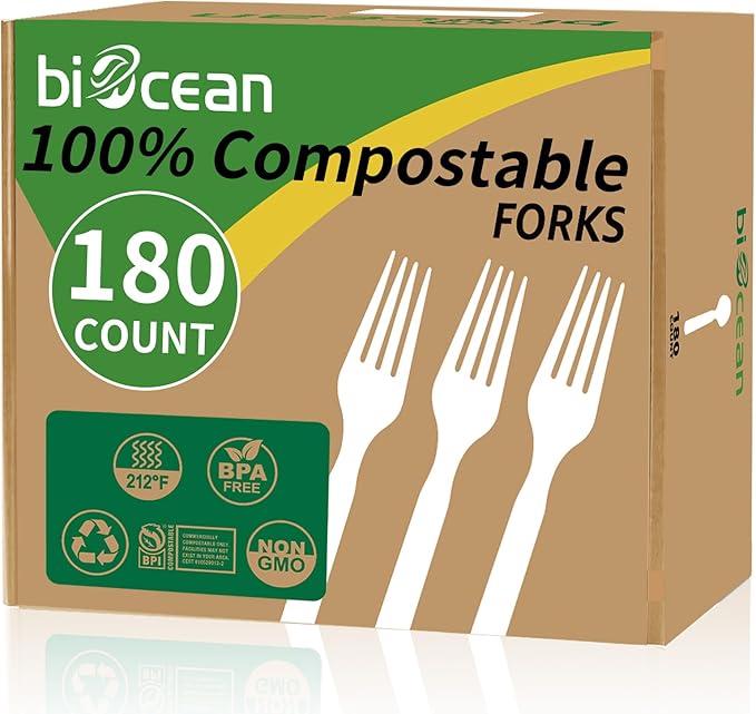 Biocean 100% Compostable Forks 180 Count Disposable Forks bulk Utensils Set Heavy Duty Fork Silverware Eco Friendly Flatware for Party Camping Picnics Wedding-Ivory White