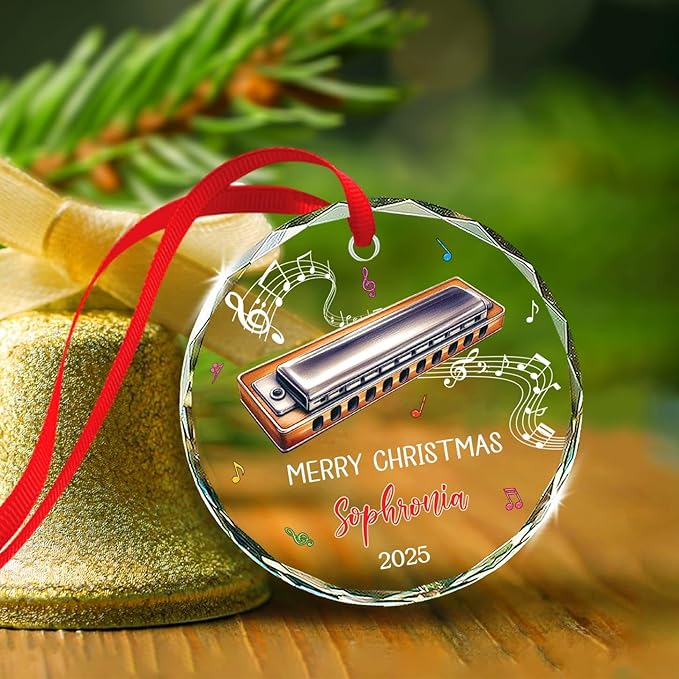 Harmonica Musical Instrument Glass Ornament Xmas 2026, Personalized Text & Name Instrument Christmas Ornament Gifts for Harmonica Player, Musician Xmas Keepsake, Custom Harmonicist Glass Ornaments