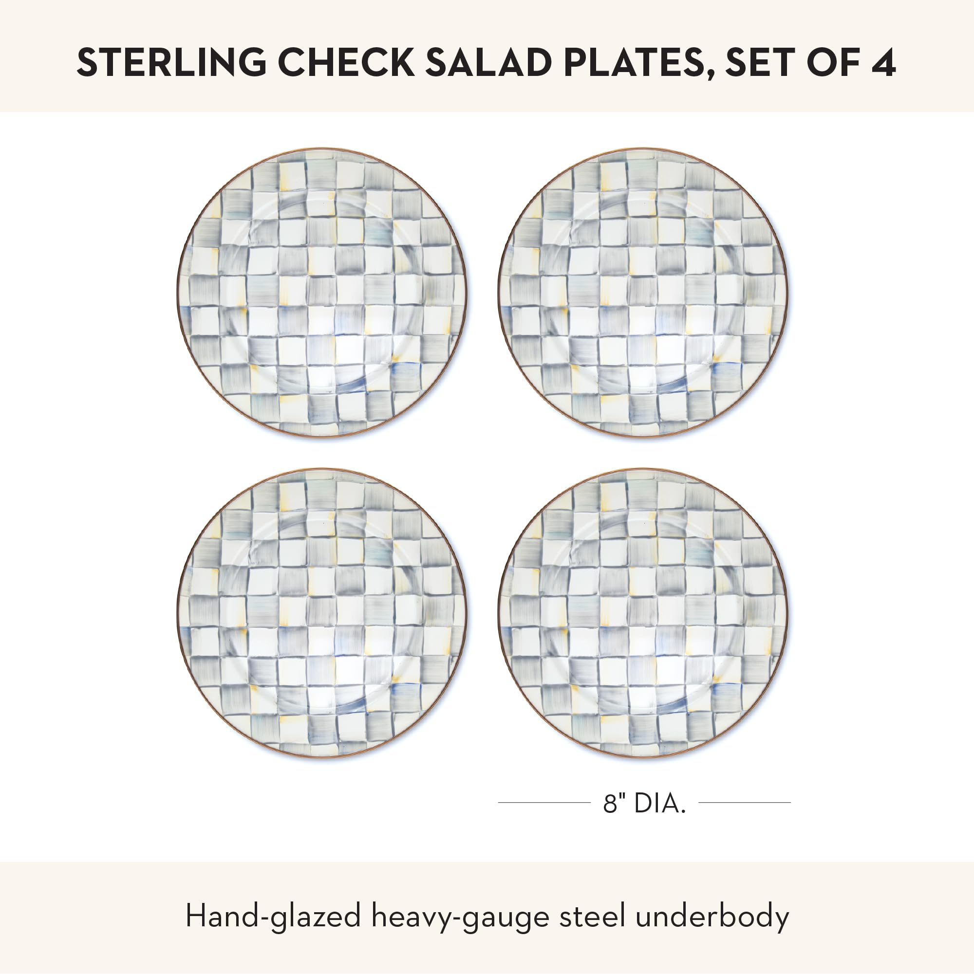 MACKENZIE-CHILDS Enamel Salad and Dessert Plate, Small Plate for a Dessert or Appetizer Dish, 8 Inches, Set of 4, Gray-and-White Sterling Check