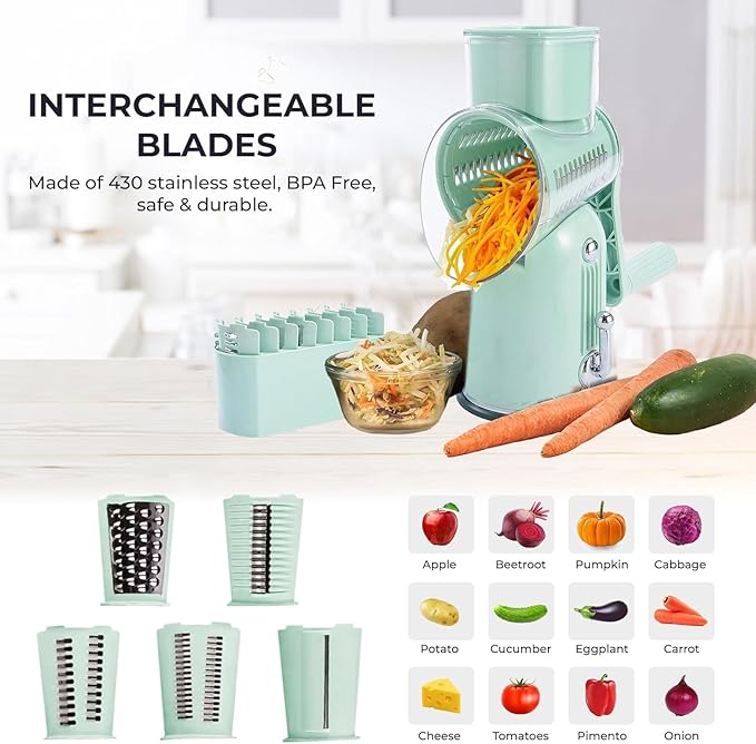 Chef Power's 5 in 1 Rotatory Cheese Grater - Premium Quality Hand Cheese Grater With Handle - Food Chopper for Kitchen