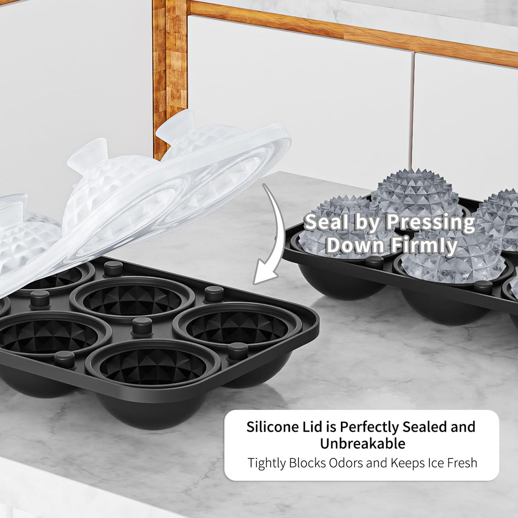 6 Chamber 1.83” 3D Crystal Round Ball Ice Cube Tray With Funnel,Large Circle Ice Molds Silicone Fun Shapes Whiskey Sphere Ice Tray,For Chilling Whiskey,Cocktails,Bourbon,Brandy and Beverages