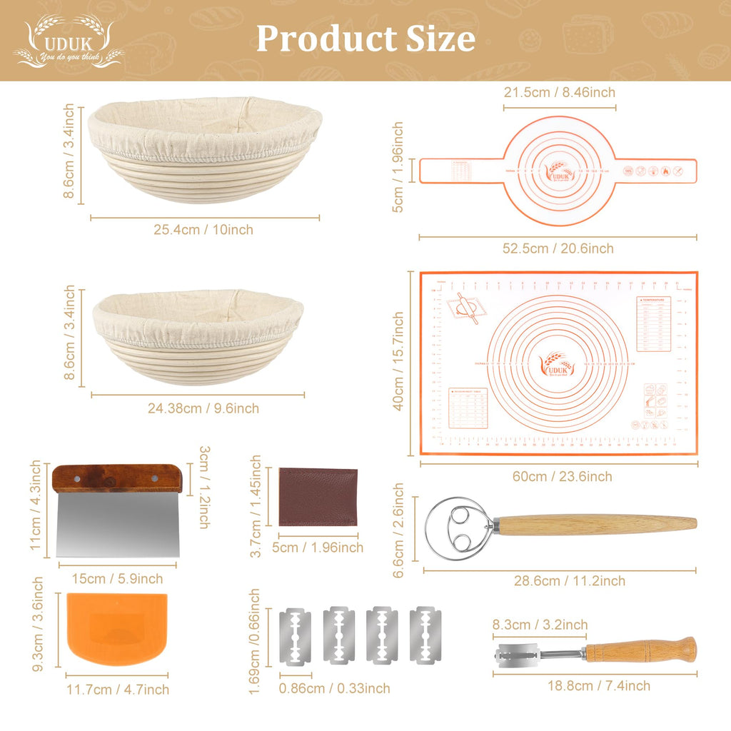 UDUK Sourdough Baking Kit, 10" & 9.6" Round Banneton Basket Set