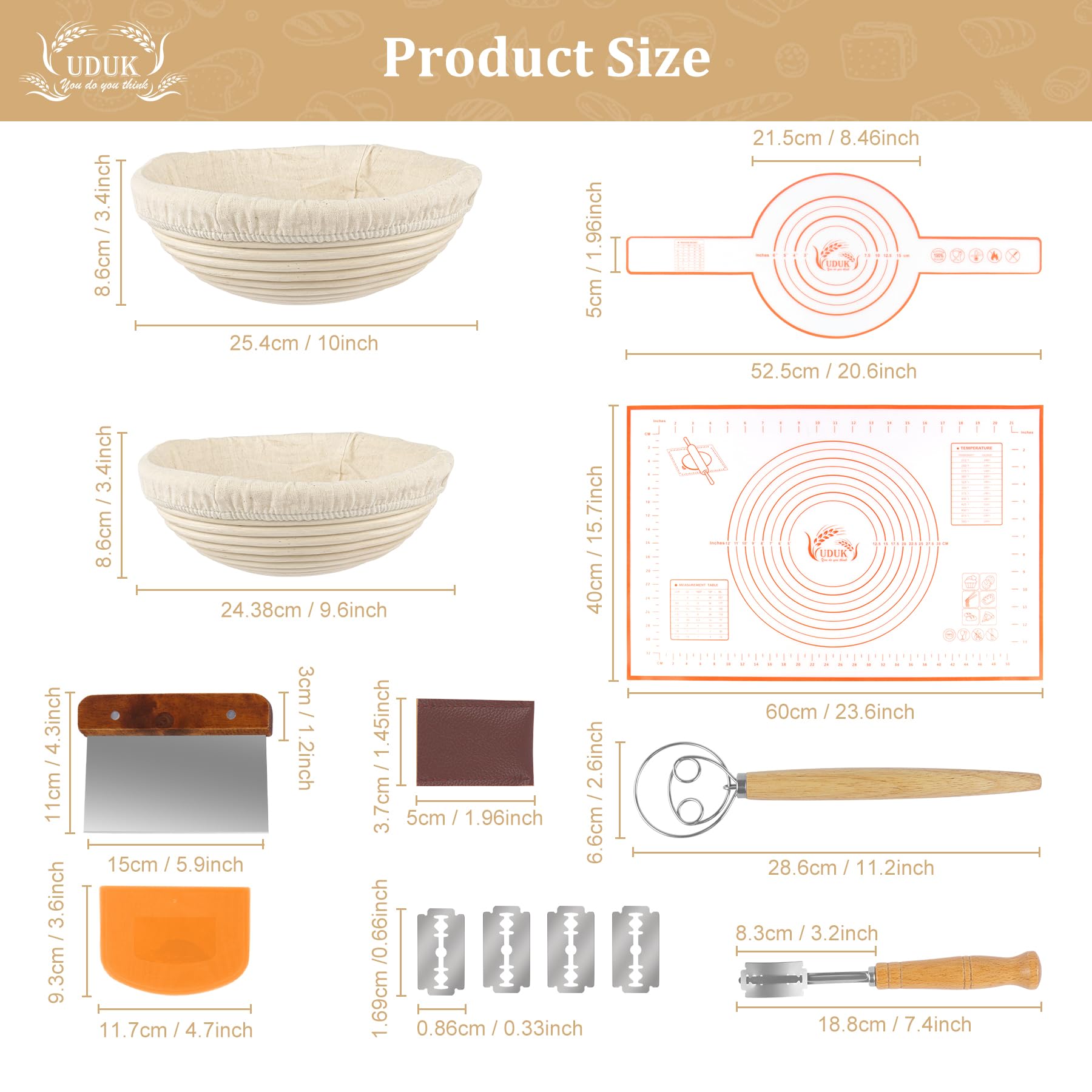 UDUK Sourdough Baking Kit, 10" & 9.6" Round Banneton Basket Set