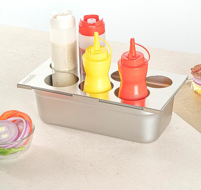 Restaurantware Squeeze Bottle Holder - 1 Count 12.795 x 7.087 x 0.394 Inches Stainless Steel Condiment Organizer - Durable Seven-Hole Pan Top Holder - Silver