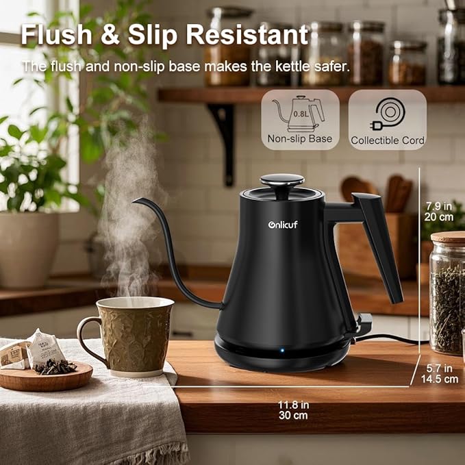 Onlicuf Gooseneck Electric Kettle 0.8L (27oz) - 1000W Rapid Fast Boiling Tea Kettle with Auto Shut Off & Boil-Dry Protection, Stainless Steel Leak-Proof Water Boiler for Pour Over Coffee, Black