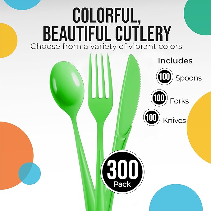Party Solids Lime Green Plastic Silverware Heavy Duty 300 Pieces Lime Green Disposable Silverware Heavy Duty, Utensil Sets, 100 Of Each Forks, Knives & Spoons Disposable Cutlery Set For Party Supplies