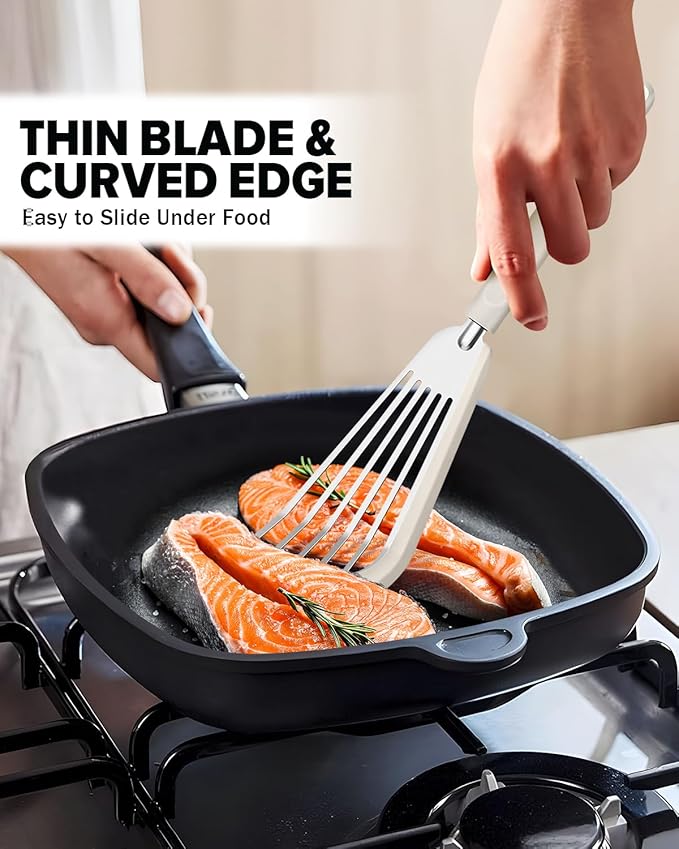 Fish Spatula Turner, Thin Slotted Spatulas for Nonstick Cookware,Silicone Edge Heat Resistant Kitchen Flipper for Fish, Egg, Pancake(Stainless Steel, 2Pack)
