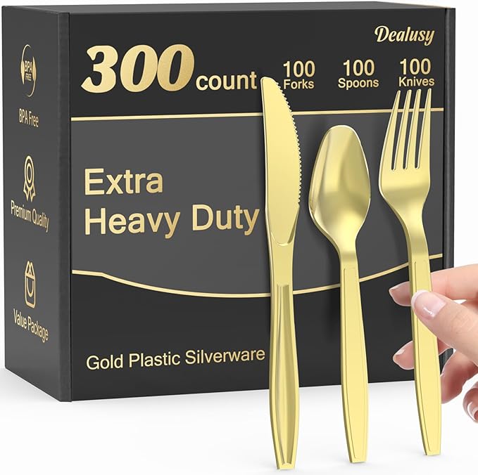 Dealusy 300 Count Extra Heavy Duty Gold Plastic Silverware, 100 Forks, 100 Spoons, 100 Knives, BPA-Free, Heat Resistant, Disposable Plastic Utensils Set, Plastic Cutlery Set, Plasticware Bulk