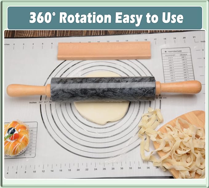 SIPARUI Marble Rolling Pin with Wooden Cradle Thick Handle Set for Baking,18.5 inch Premium Quality Polished Roller for Pizza Dough,Fondant,Pie Crust,Non-Stick Surface Easy to Clean(Black)
