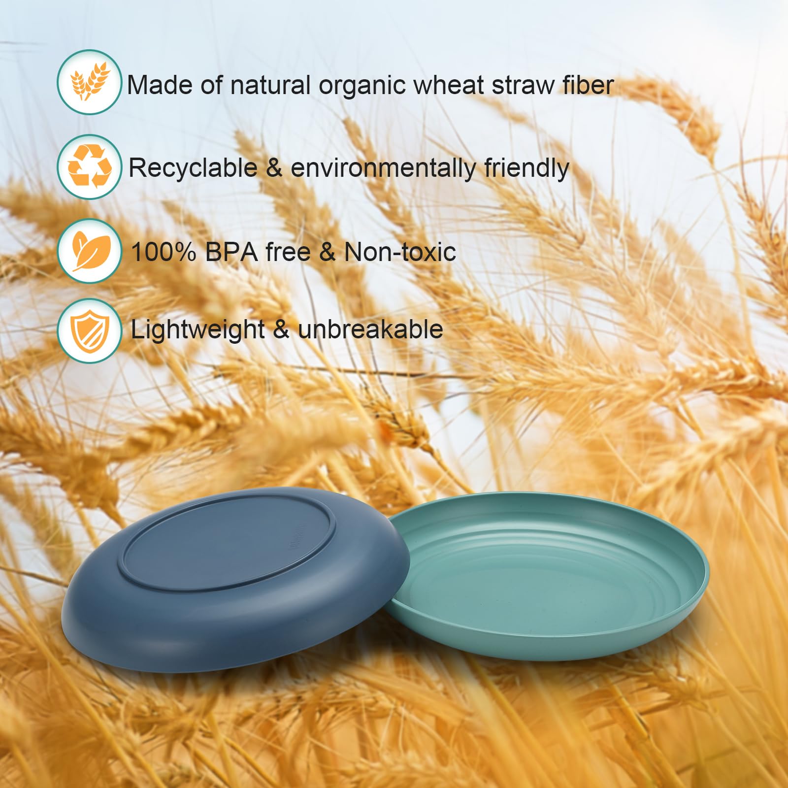 HEYCOME 12 Pcs Unbreakable Deep Dessert Plates Set, 8 inch Reusable Plastic Wheat Straw Plates, Microwave and Dishwasher Safe Plate for Kitchen, Lightweight Plate for Dessert, BPA Free, Dark Blue