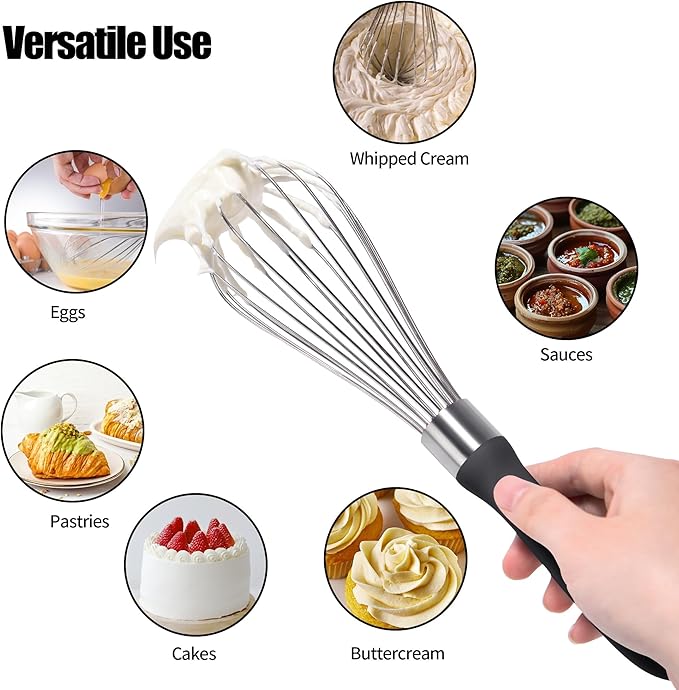 Doosu 18/8 Stainless Steel Balloon Whisk for Cooking (8 Wires, Black)