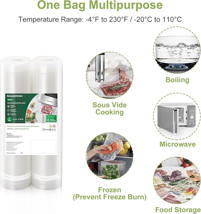 Bonsenkitchen Vacuum Sealer Bags, 11" x 20' Rolls 2 Pack for Food Storage
