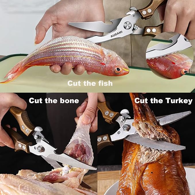 AUDAMI Poultry Shears 2-Pack, Heavy Duty Meat Scissors, Stainless Steel Spring Loaded, Turkey & Chicken Shears, Food Scissors