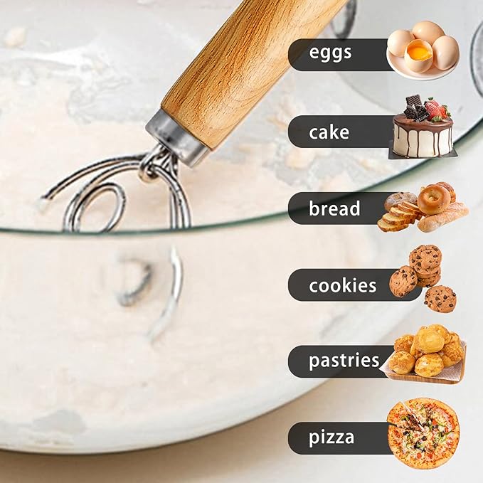 TEEVEA Danish Dough Whisk Wooden Handle Stainless Steel for Sourdough Bread