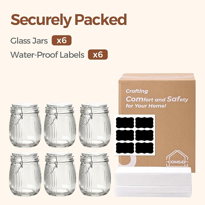 ComSaf Ribbed Glass Mason Jars with Airtight Lids 25 oz 6 Pack Coffee