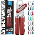 Zulay Kitchen Heavy Duty Stainless Steel Can Opener Manual with Bottle Opener - Rust Proof Manual Can Opener With Turn Knob & Comfy Soft Grip Handles - Red