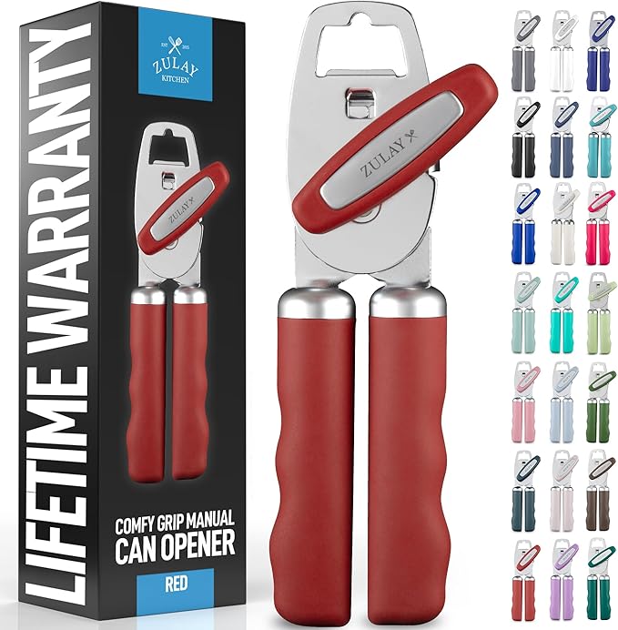 Zulay Kitchen Heavy Duty Stainless Steel Can Opener Manual with Bottle Opener - Rust Proof Manual Can Opener With Turn Knob & Comfy Soft Grip Handles - Red