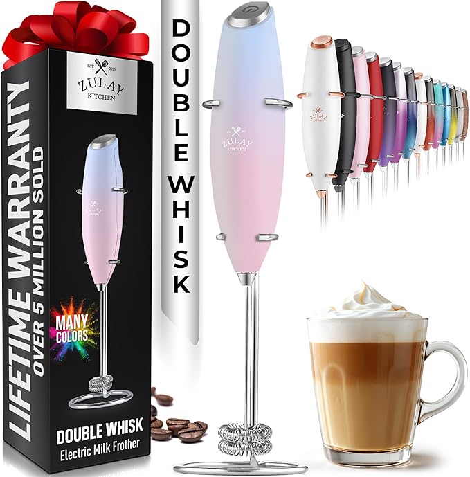 Zulay Kitchen Powerful Milk Frother Wand With Duracell Batteries - Ultra Fast Handheld Drink Mixer - Electric Whisk Foam Maker for Coffee, Lattes, Cappuccino & Matcha - Double Whisk - Lavender