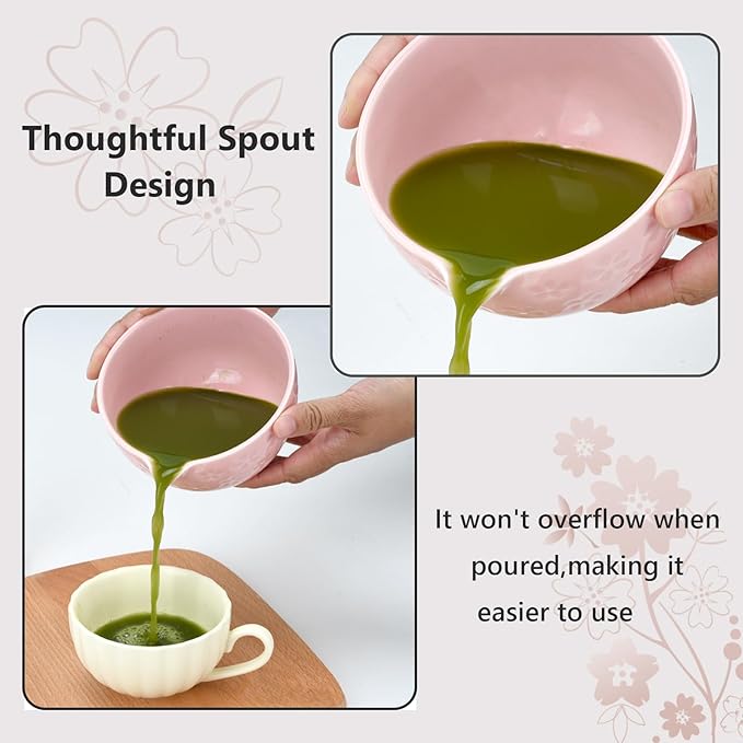 Matcha Whisk Set, Ceramic Matcha Set Includes Matcha Bowl, Bamboo Matcha Whisk and Holder, Bamboo Scoop, Scoop Holder, matcha sifter and Tea Towel - Matcha Kit for Matcha Lovers (Pink)