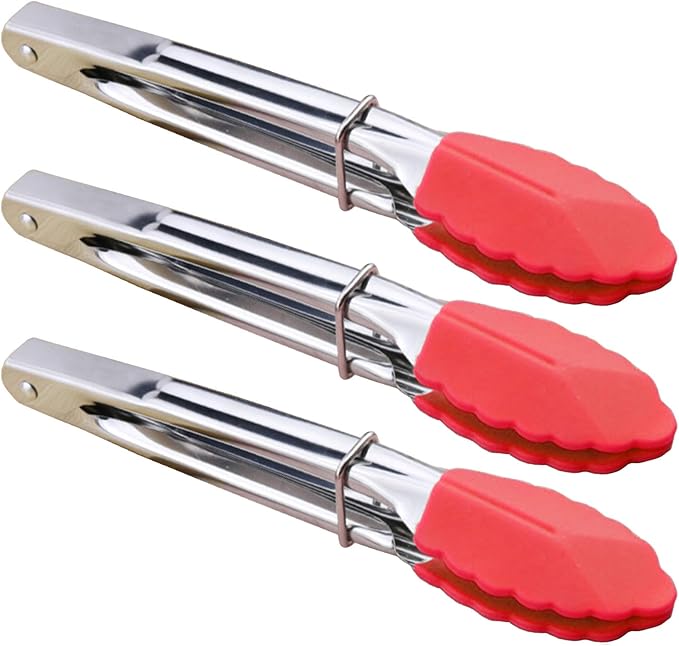 HINMAY Small Tongs with Silicone Tips 7 Inch Kitchen Tongs, Set of 3 (Red)