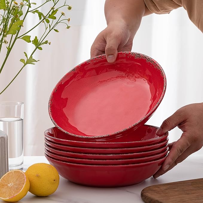 ZAROCRUS Farmhouse Melamine Pasta Bowls Set of 6, 42 OZ Large Serving Bowls Set, 9.25 inch Ramen Bowls,Wide and Shadow Rustic Red Round Dinner Bowl, Fruit bowl, Noodle Bowl, Salad Bowl Set, Red…