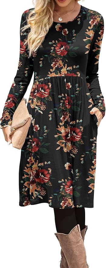 DB MOON Women Casual Long Sleeve Dresses Empire Waist Loose Dress with Pockets (Brown Floral Black, XL)
