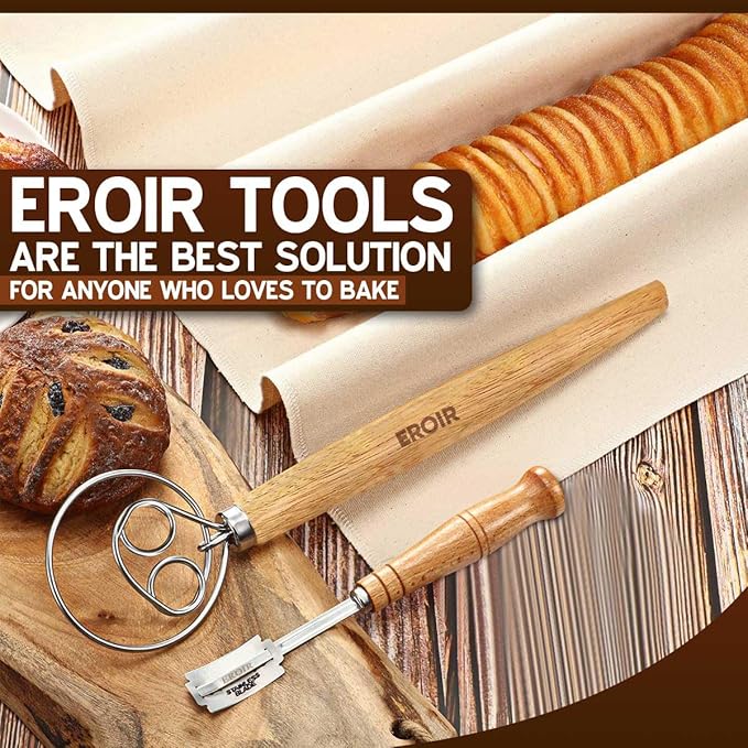 EROIR 13" Danish Dough Whisk Bread Lame Bowl Scraper Set - Dutch Sourdough Whisk Double Eye, Dough Scraper, Bread Scorer with 10 Blades and Leather Cover