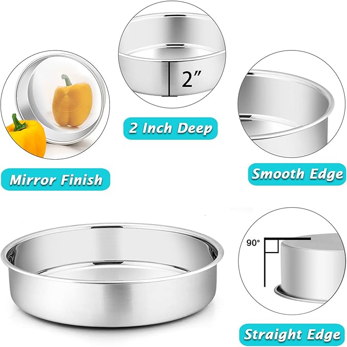 P&P CHEF 9.5 Inch Round Cake Pan Set of 3, Stainless Steel Baking Cake Pans