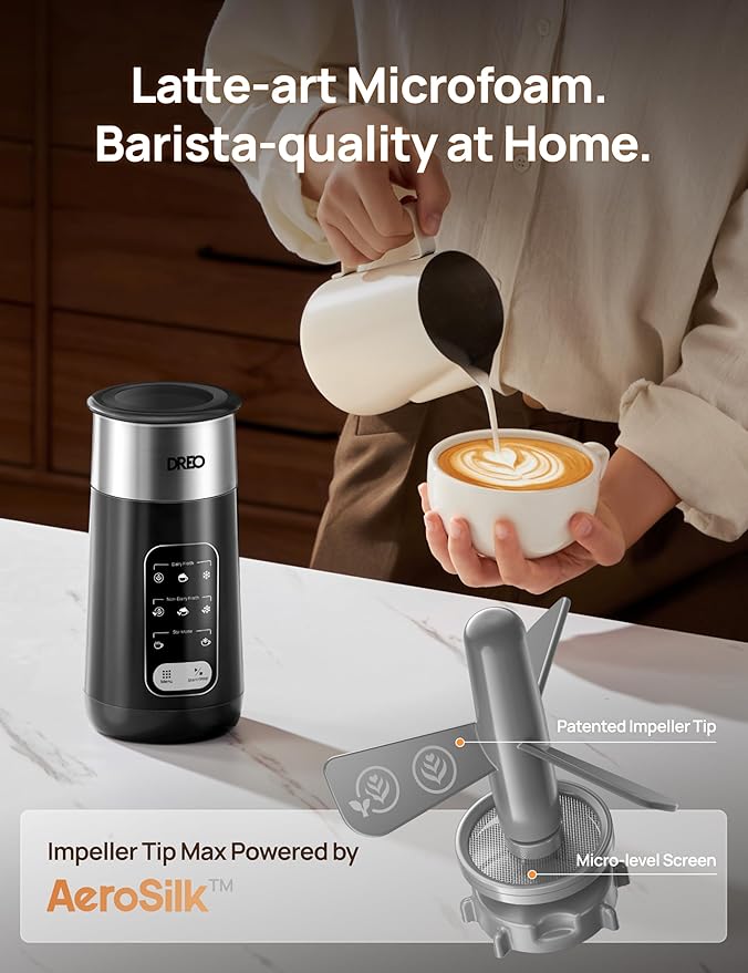 DREO Milk Frother, 8-in-1 Electric Stainless Steel Frother for Latte Art Microfoam and Coffee, 9oz/270ml Warm and Cold Foam Automatic Frothers, LED, Easy to Clean