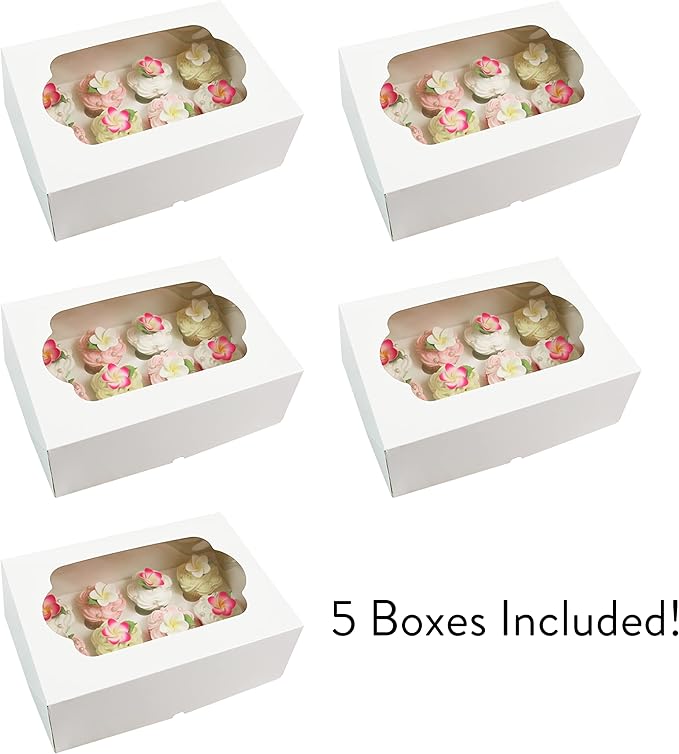 Global Sugar Art 14x10x5 Inch Cupcake Box with Window, White, 5-Count