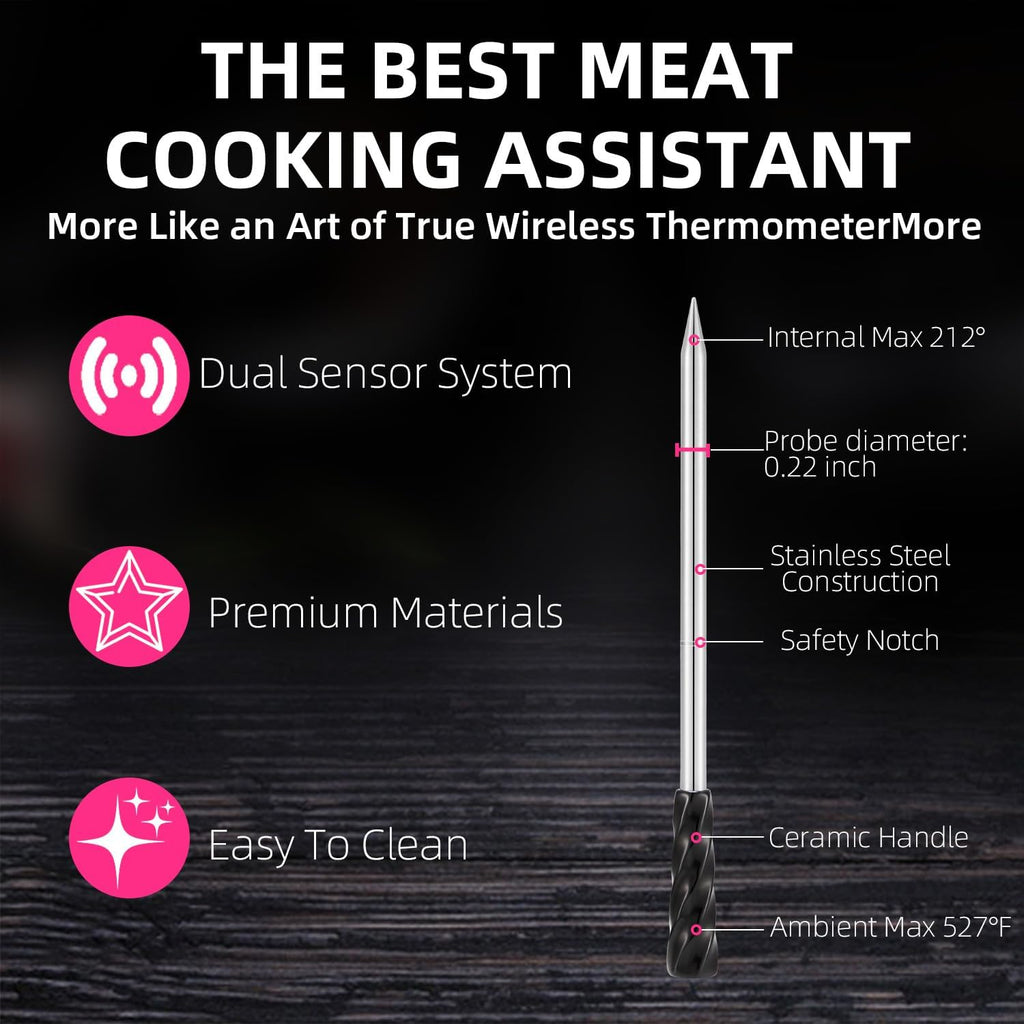 Wireless Smart Meat Thermometer with Bluetooth | Long Range | Measures Internal & Ambient Temp | for BBQ, Oven, Grill, Kitchen, Smoker, Rotisserie (DEEP Black)