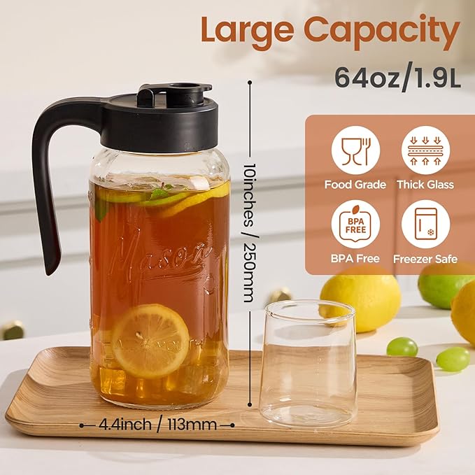 Spreccio Mason Jar Pitcher with Tea Filter, 64 oz Glass Pitcher with Lid