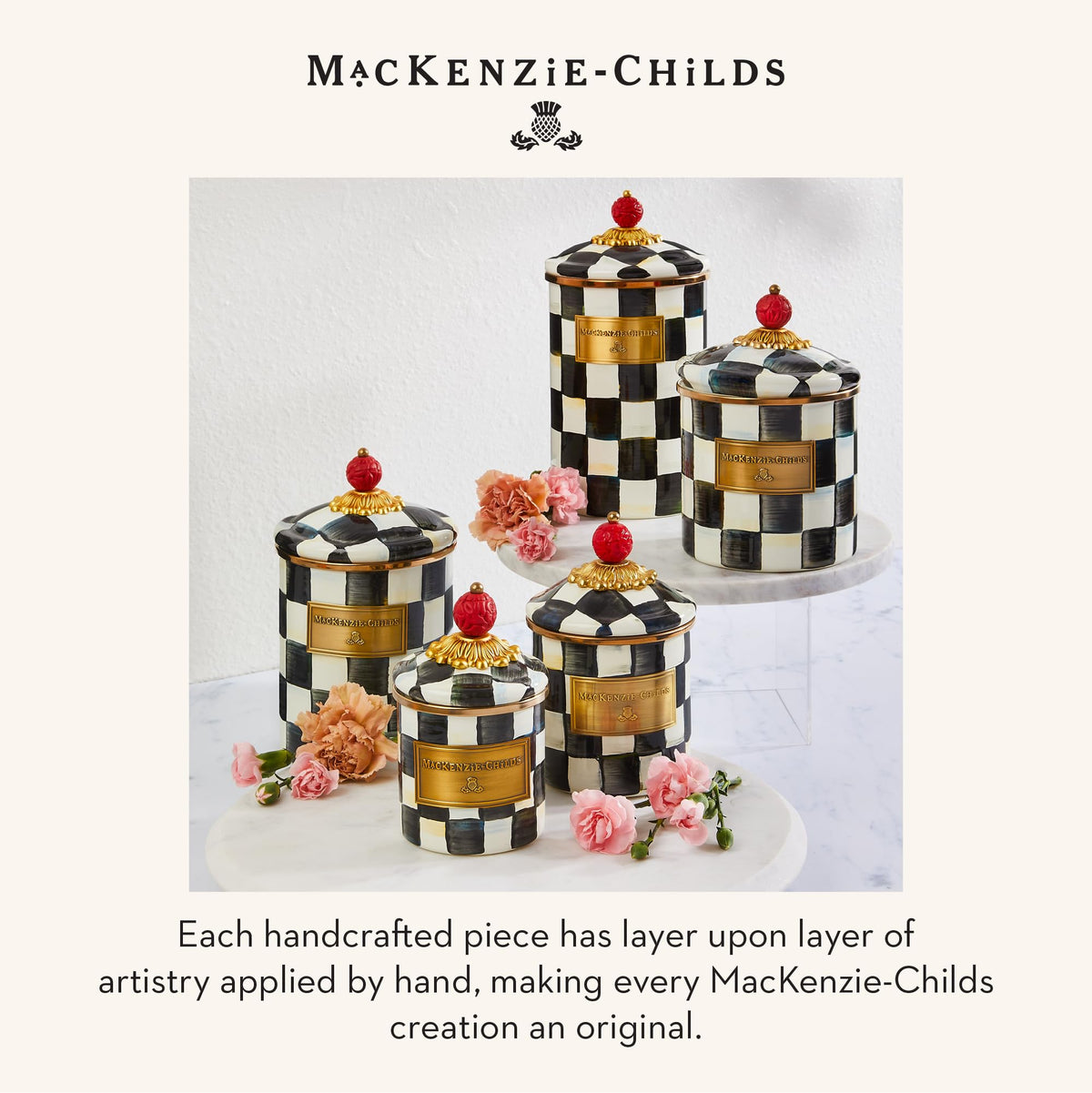 MACKENZIE-CHILDS Enamel Canister, Mini, Black-and-White Courtly Check